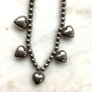 Vintage Silver Tone Beaded Necklace Puffy Heart Pendant Statement Bead 19"